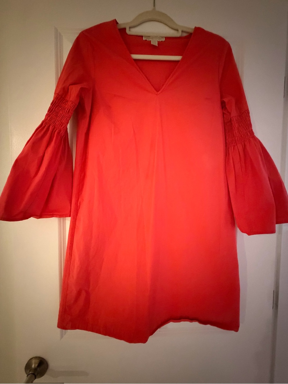 Michael Kors Coral V-Neck Smocked Bell Sleeve Dress